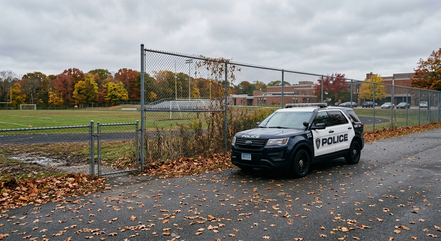 a standard police cruiser parked next to a chain-link fence outside a suburban high school athletic field, with fallen autumn leaves on the pavement under an ov