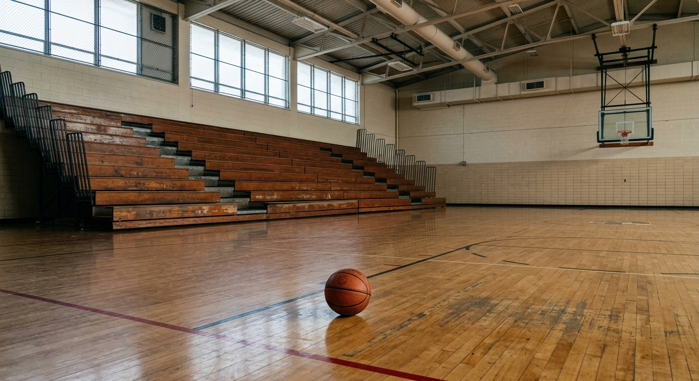 an empty high school gymnasium featuring worn wooden bleachers and a single basketball resting on the polished wooden floor near the free-throw line, natural ev