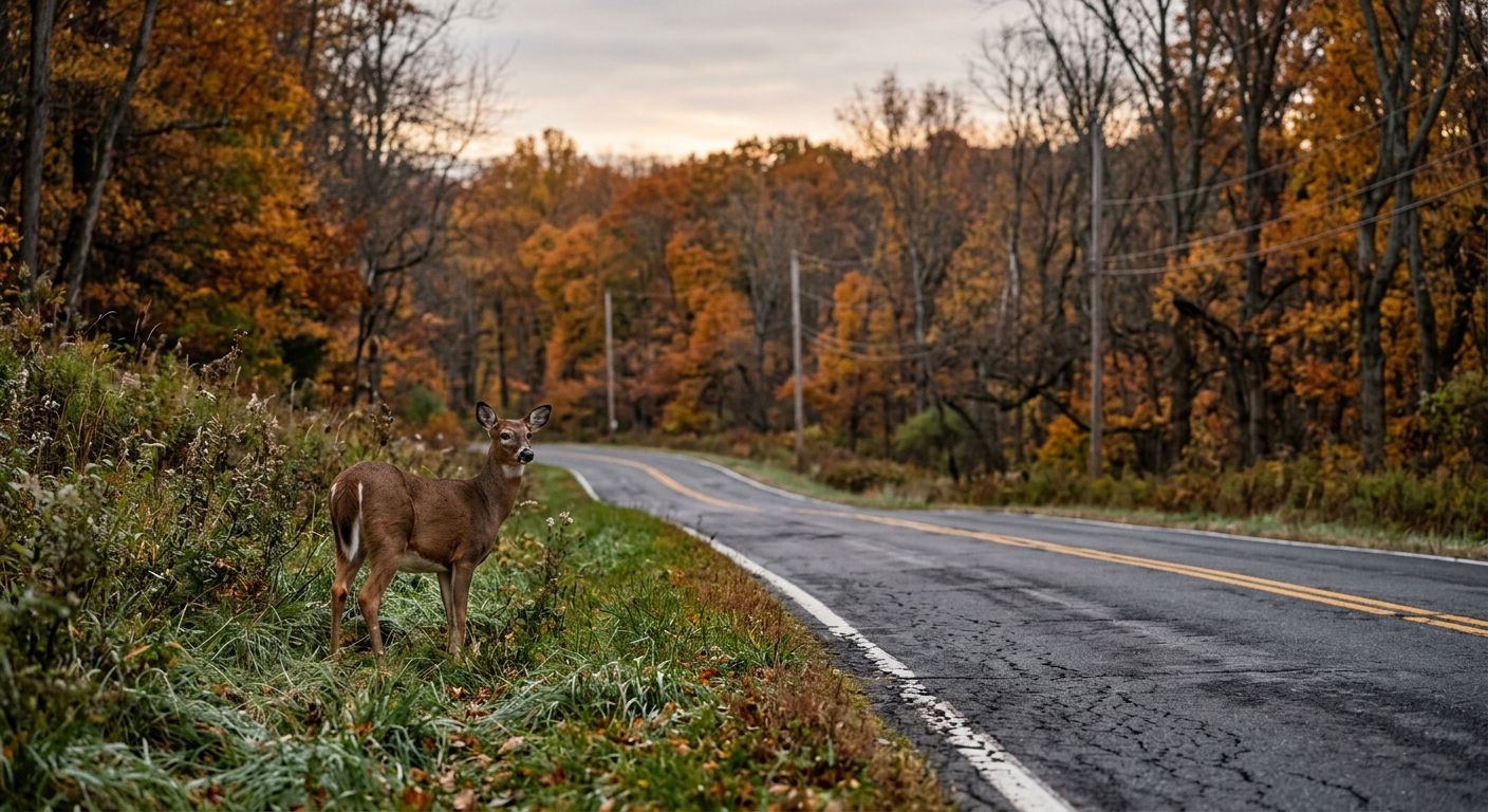 a whitetail deer standing on the grassy shoulder of a rural two-lane asphalt highway during early morning dusk, surrounded by autumn trees and bare branches, na