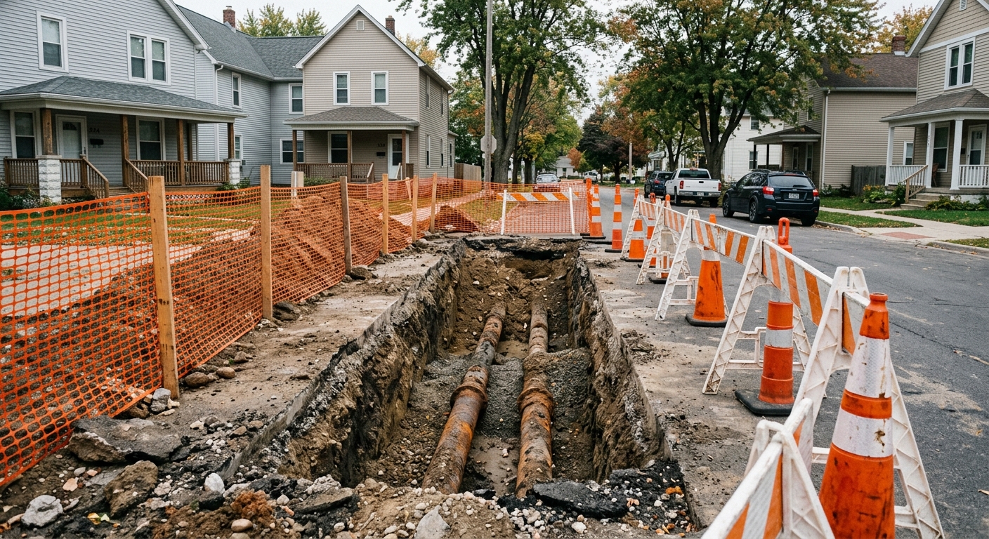 an open excavation trench in the middle of a residential asphalt street exposing old iron water pipes, surrounded by orange plastic safety netting and traffic c
