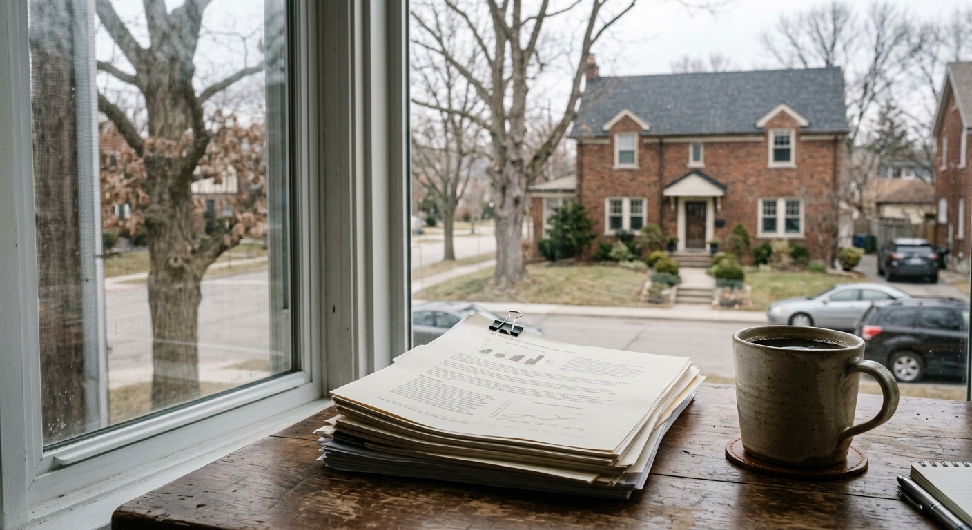 a stack of printed reports and a ceramic coffee mug on a wooden desk near a window looking out onto a quiet suburban street with bare oak trees and a traditiona