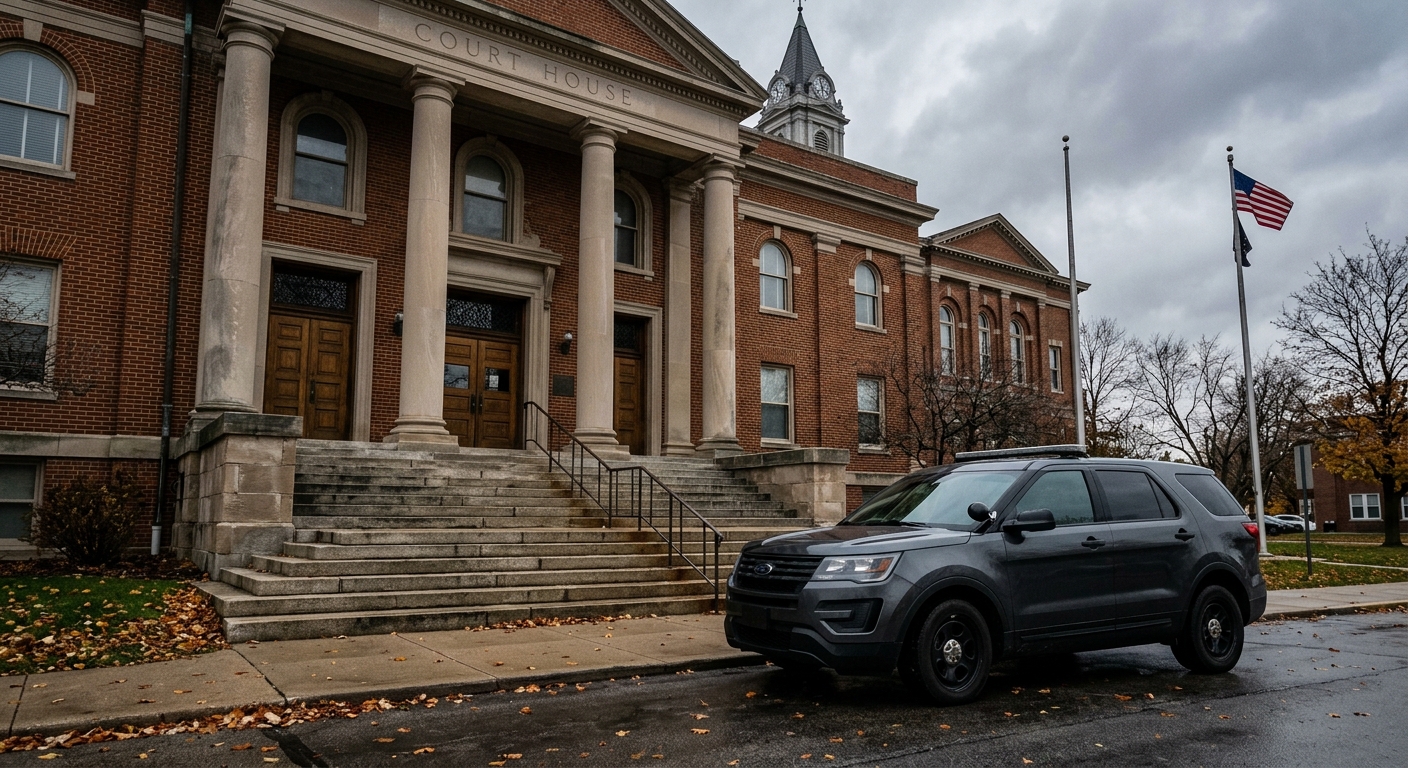 a generic dark law enforcement SUV parked near the stone steps of a traditional brick county courthouse with classical columns in the Midwest under an overcast