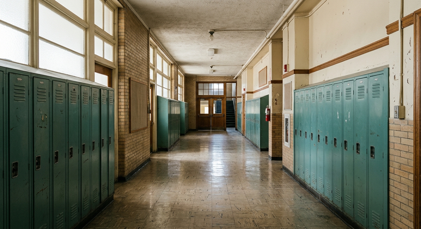 an empty, quiet hallway inside an older public school building, featuring rows of closed metal lockers and worn linoleum floors, typical of classic Midwest Amer