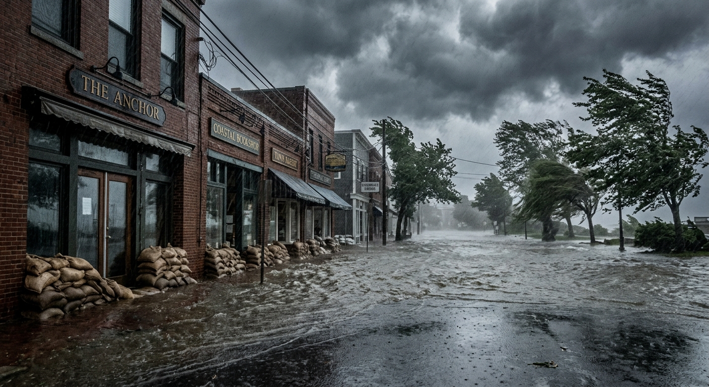 heavy rain and strong winds lashing an empty flooded street, with wet sandbags stacked against the doors of local brick storefronts, thick grey storm clouds ove