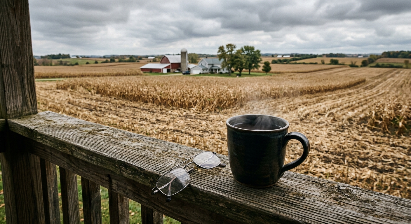 a steaming ceramic mug and a pair of reading glasses resting on a weathered wooden porch railing, overlooking an expansive harvested cornfield and a distant tra