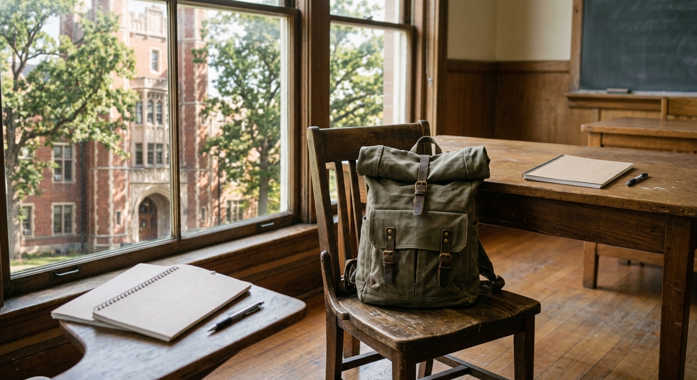 a canvas backpack resting on a wooden chair next to a desk with blank spiral notebooks and a pen, with a classic red brick university building and oak trees vis