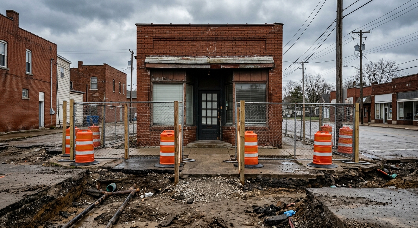 bright orange construction barrels and metal fencing partially blocking the entrance to a small brick storefront on an urban street, dug-up pavement and dirt tr