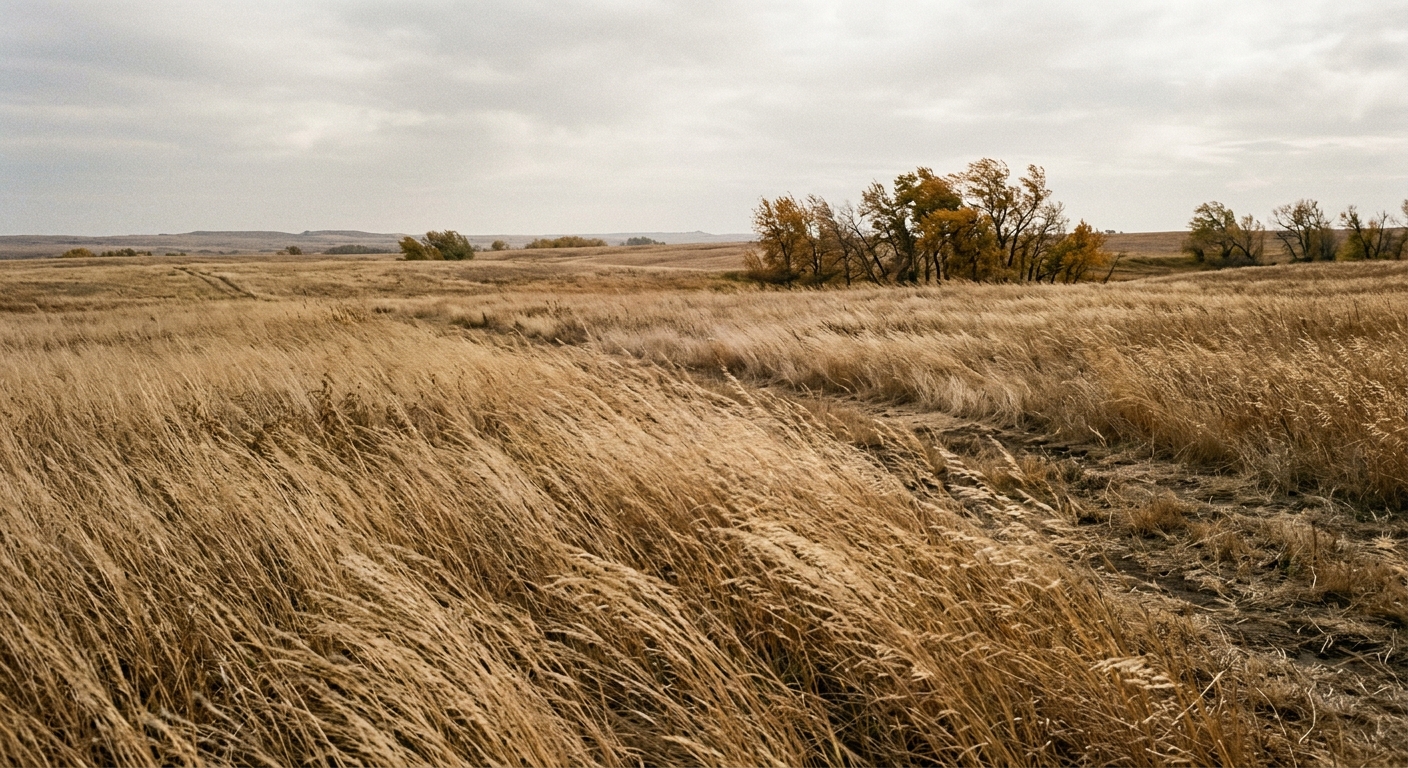 a dry, golden-brown prairie field with tall dry grass bending heavily under strong winds, a few autumn trees in the background under a hazy sky, natural everyda