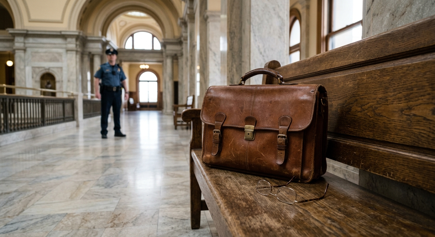 a slightly worn leather briefcase and a pair of reading glasses resting on a wooden bench in the grand marble hallway of a midwestern state government building,