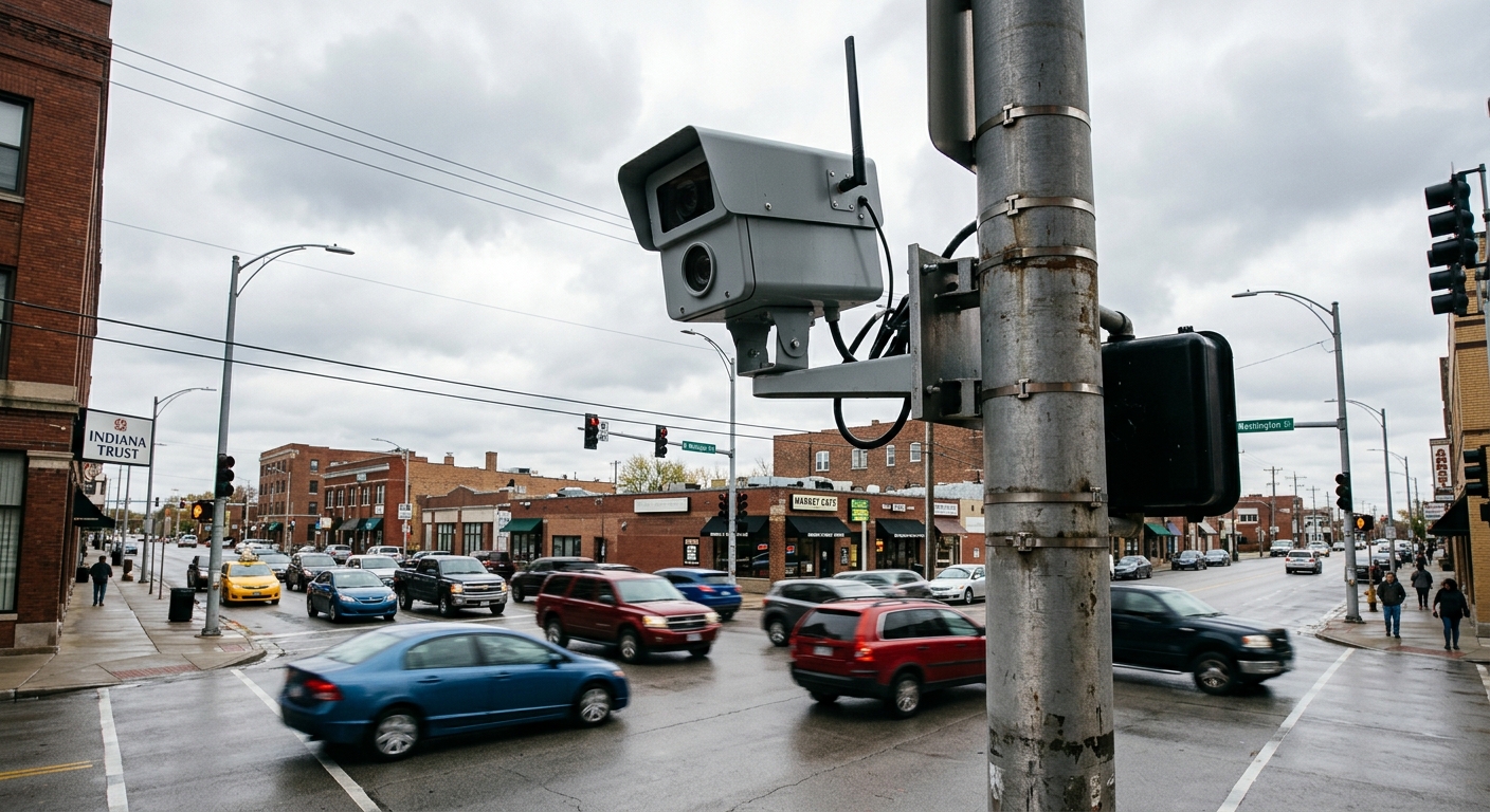 a gray traffic monitoring camera mounted on a metal pole at a busy urban intersection, with slightly blurred cars passing by in the background against typical M