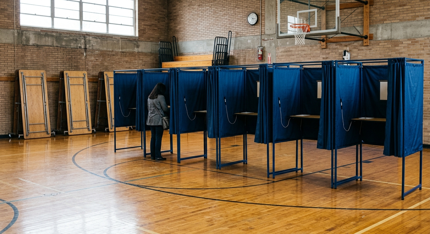 a row of simple voting privacy booths set up in a local community center gymnasium with a polished wooden floor and folded tables in the background, natural eve