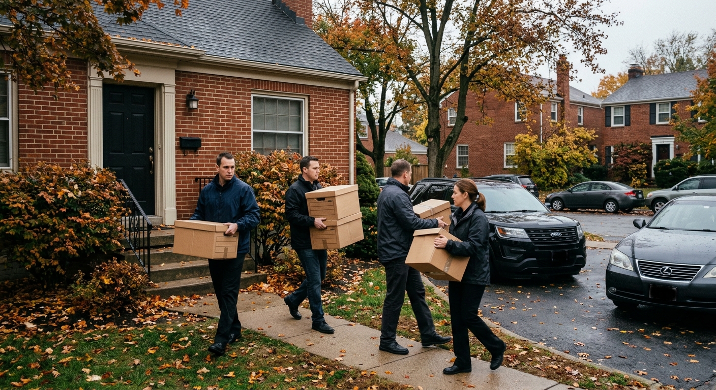 several individuals in plain dark windbreakers carrying cardboard file boxes out of a brick residential home, parked unmarked vehicles on the street on an overc