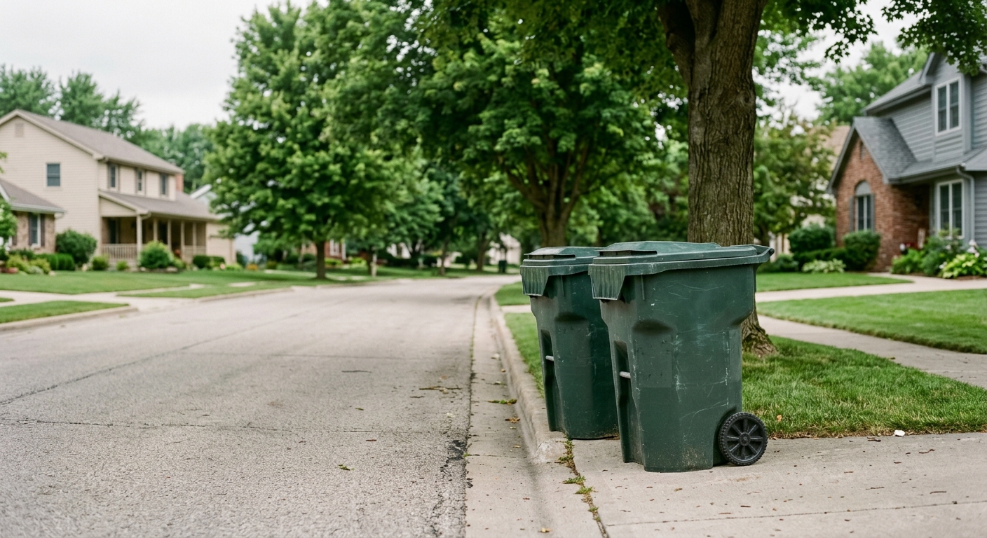 two generic residential rolling garbage bins sitting at the curb of a quiet suburban street, with mature trees and traditional midwestern homes in the softly bl