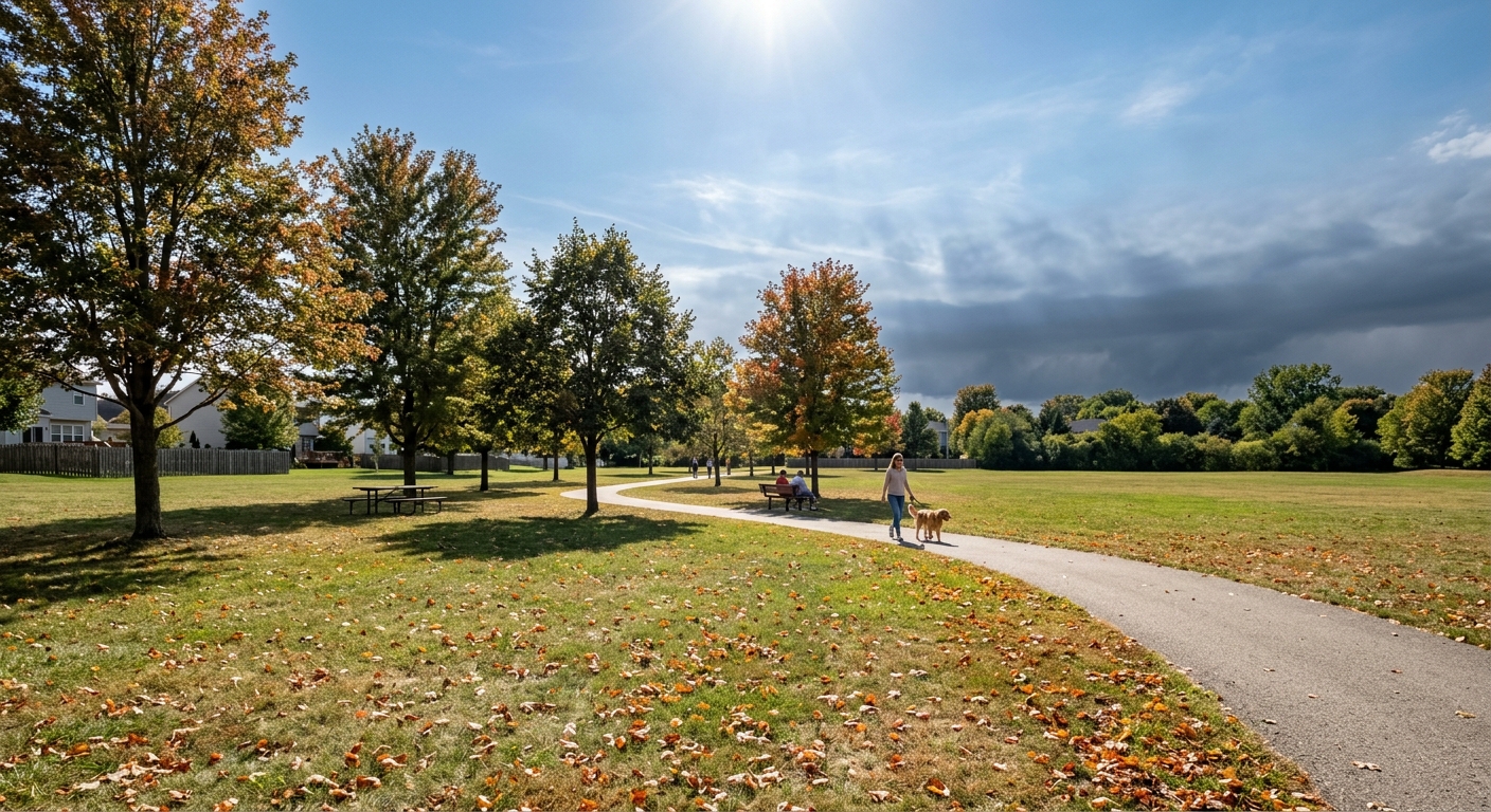 a suburban park in the midwestern United States with scattered dry autumn leaves on green grass, baking under an intense, glaring sun to reflect unseasonable he