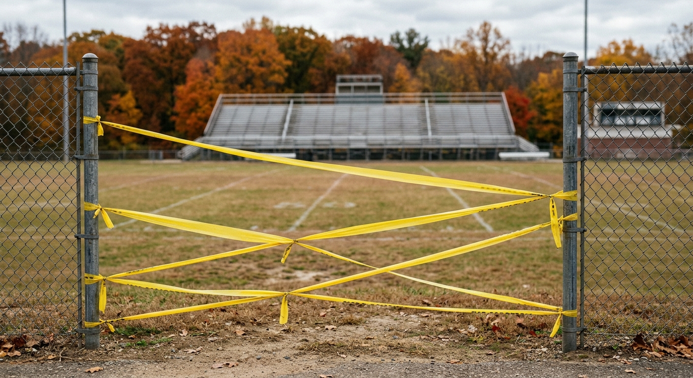 yellow caution tape strung across a chain-link fence bordering an empty suburban high school football field, blurred bleachers and autumn trees in the backgroun
