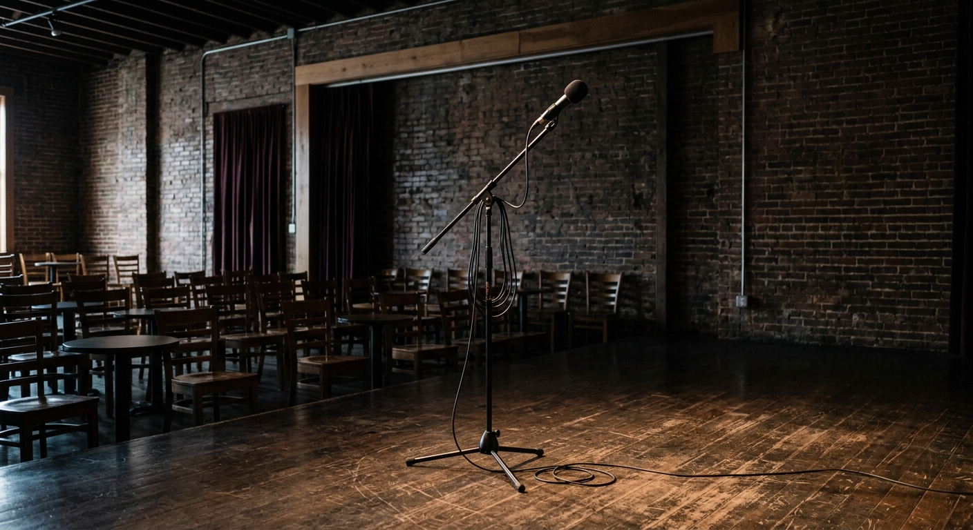 a single microphone on a stand in an empty historic Midwestern comedy venue with exposed dark brick walls and scuffed hardwood floors, capturing a quiet, reflec