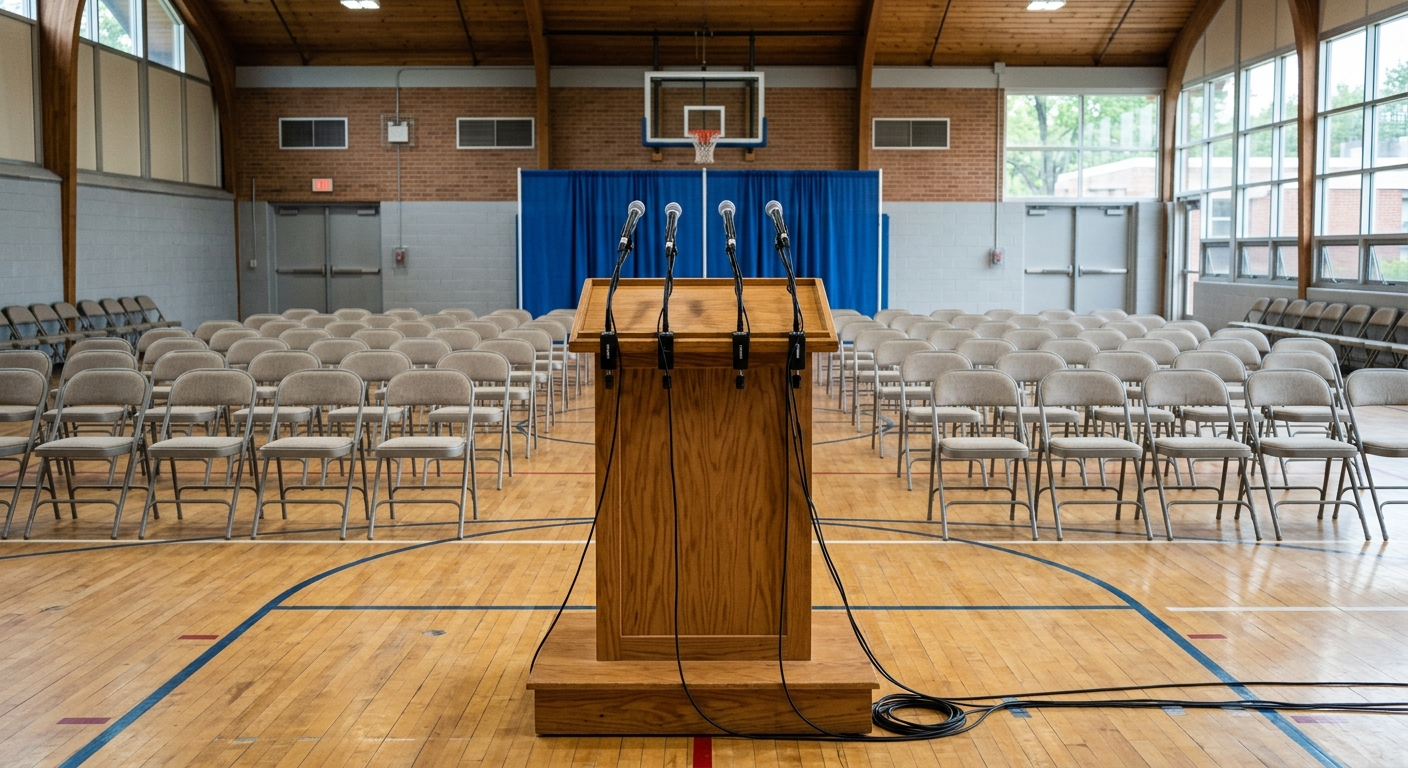 an empty wooden podium with several microphones set up in a midwestern suburban community center gymnasium, with rows of folding chairs arranged for a local pol
