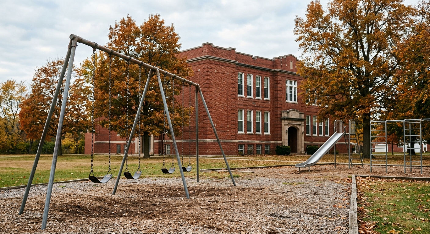 an empty playground with chain-link swings in front of an older red brick public school building surrounded by mature trees in a Midwestern neighborhood, natura