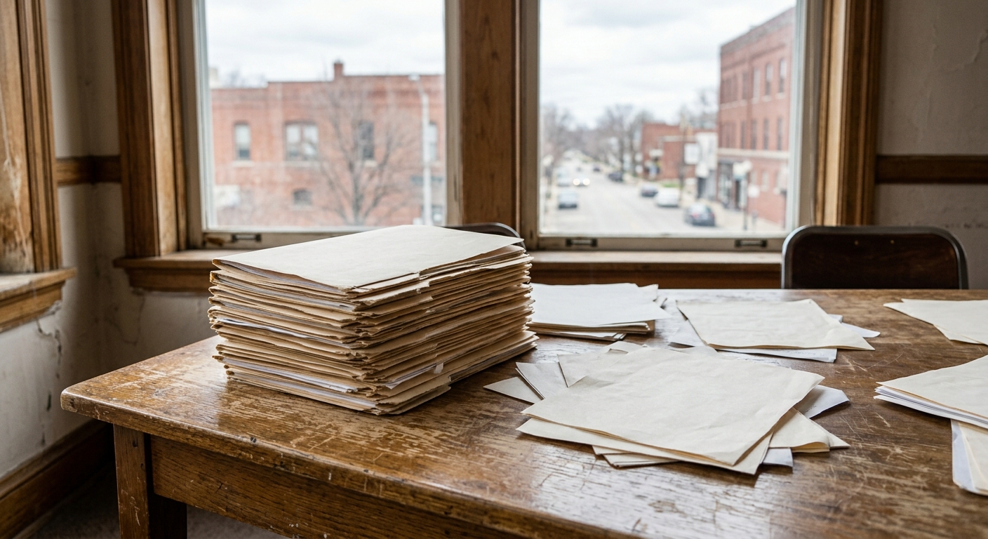 a thick stack of plain manila legal folders and scattered documents on a scratched wooden conference table in a municipal office, with a softly blurred view of