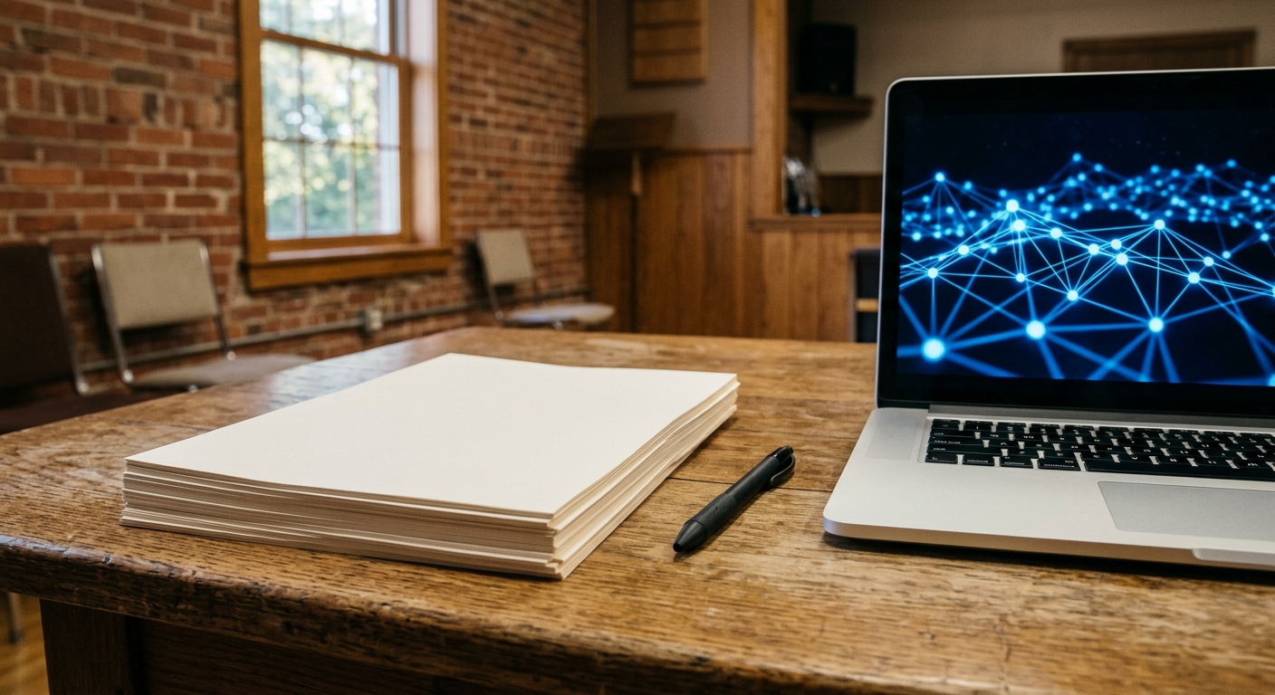 a stack of blank paper survey forms and a black pen resting on a textured wooden desk next to a laptop screen displaying an abstract network of glowing blue nod