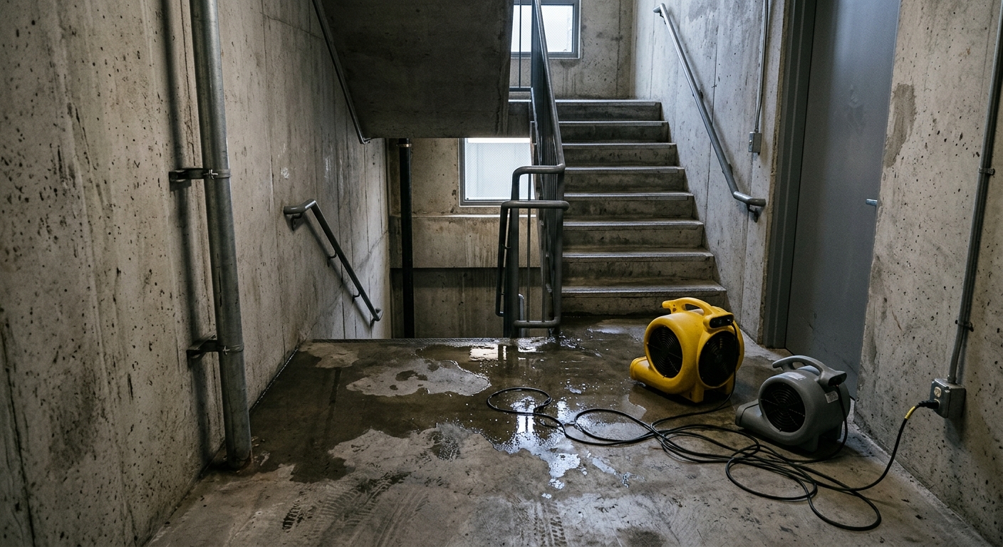 a concrete emergency stairwell inside a commercial high-rise building with puddles of water on the floor, an exposed metal pipe on the wall, and industrial floo