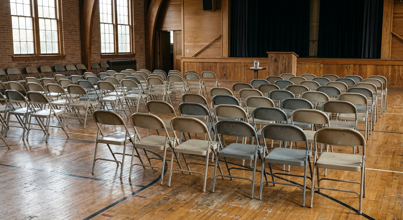 rows of metal folding chairs set up on a wooden gymnasium floor in a rural Midwestern community center, facing a plain wooden podium with a glass of water, prep