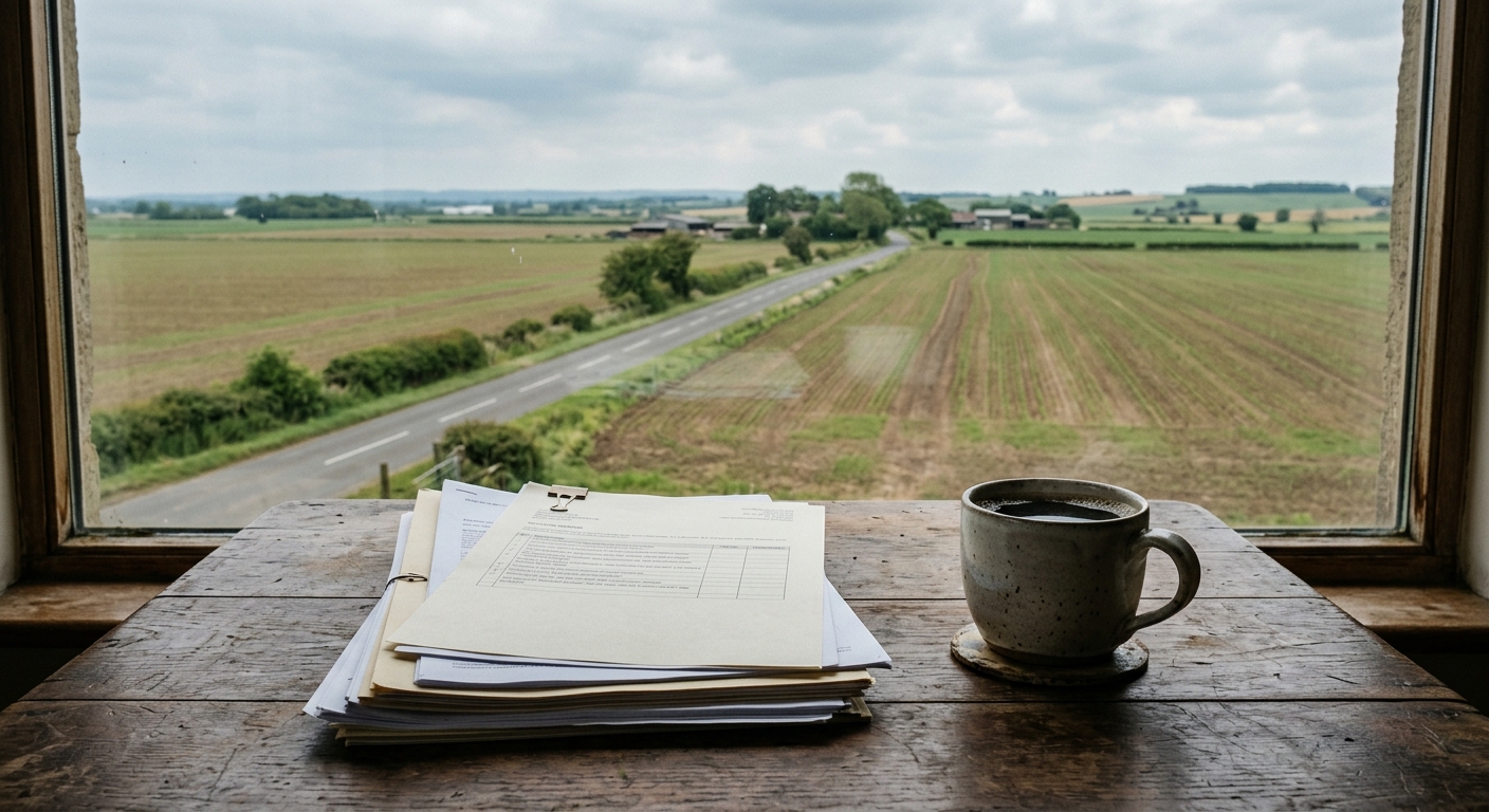 a stack of printed documents and a ceramic coffee mug on a rustic wooden table, looking out a window toward a flat agricultural field and a quiet two-lane count