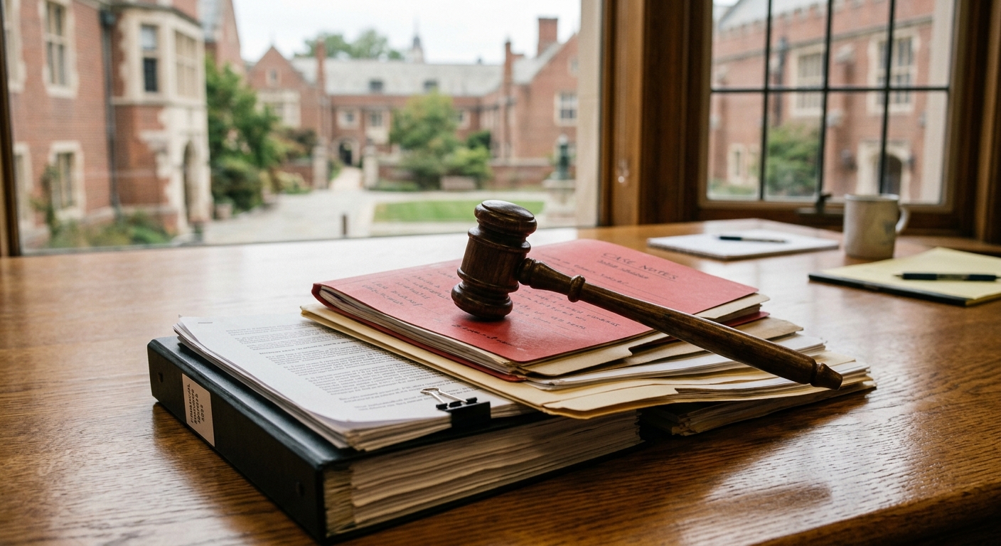 a wooden gavel resting on thick legal folders and bound financial documents on a polished oak conference table, with out-of-focus traditional red brick universi