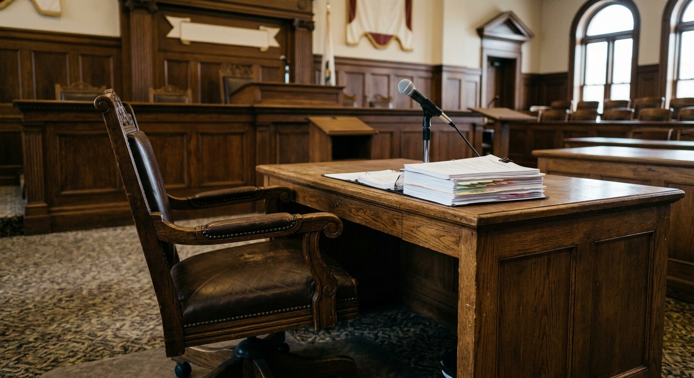 an empty chair pushed back from a heavy wooden desk in a municipal council chamber, a microphone and a thick stack of printed reports resting on the table, clas