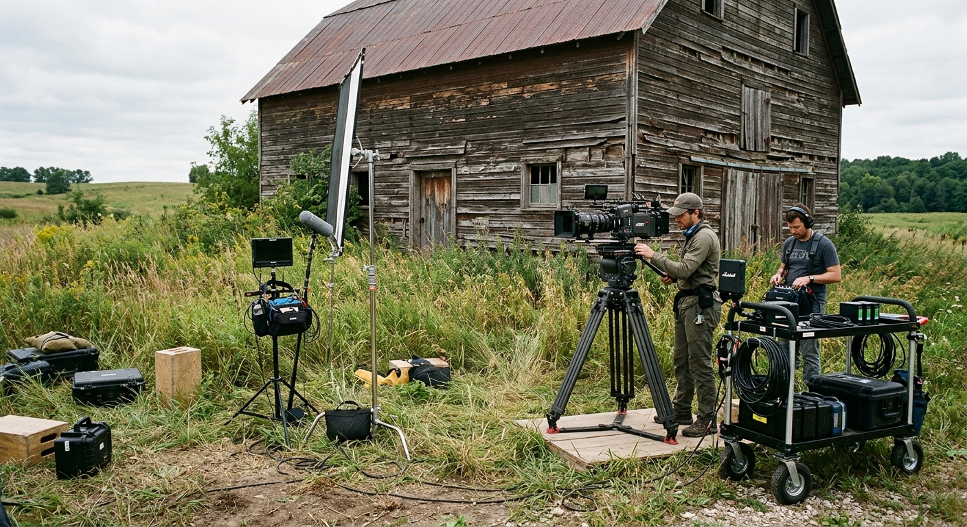 heavy film production equipment and camera rigs set up outside a weathered, deteriorating wooden barn surrounded by overgrown grass in the rural Midwest, natura