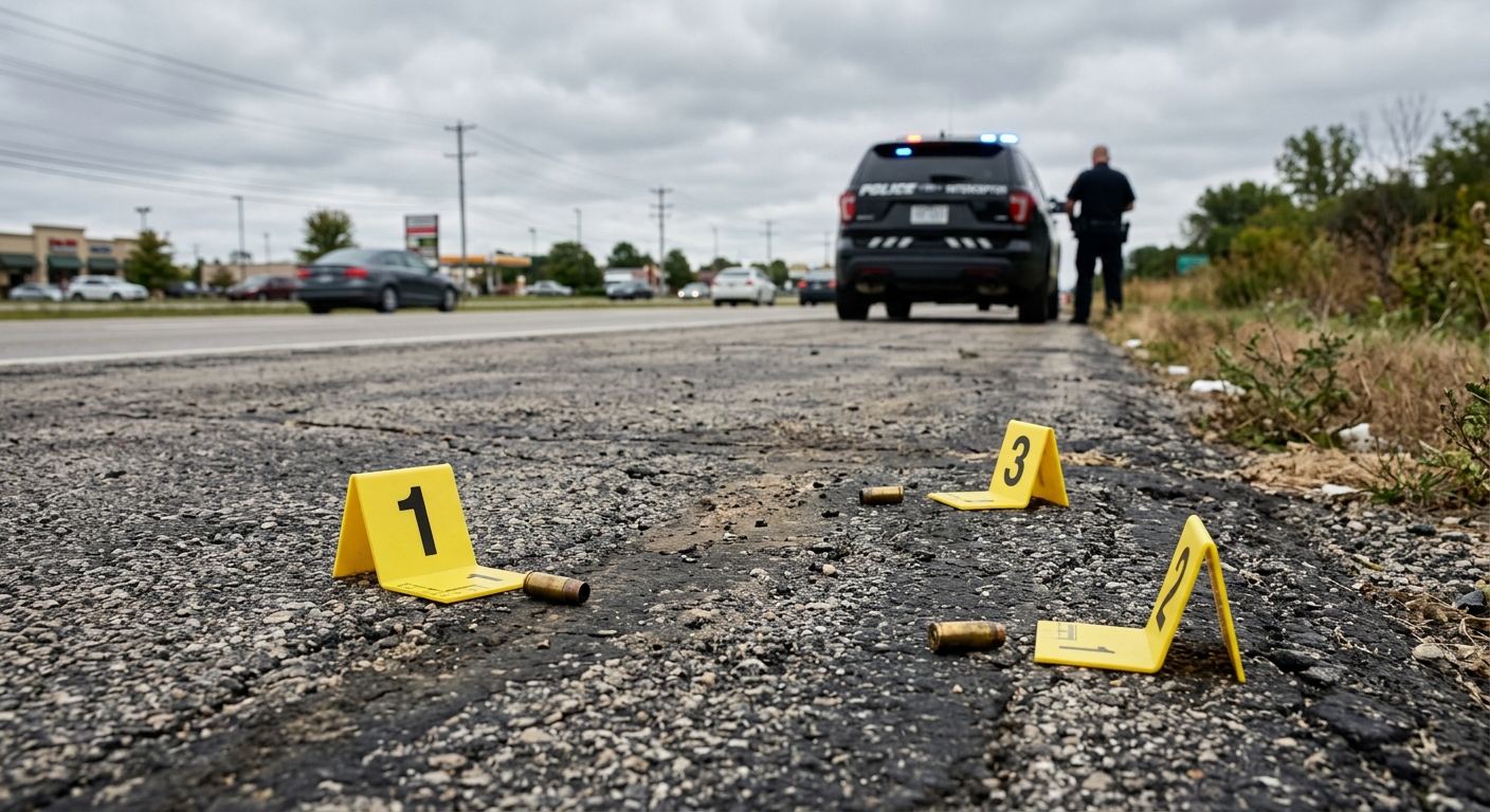 small yellow evidence markers placed next to spent brass shell casings on the cracked asphalt shoulder of a suburban highway, a blurred police cruiser parked in