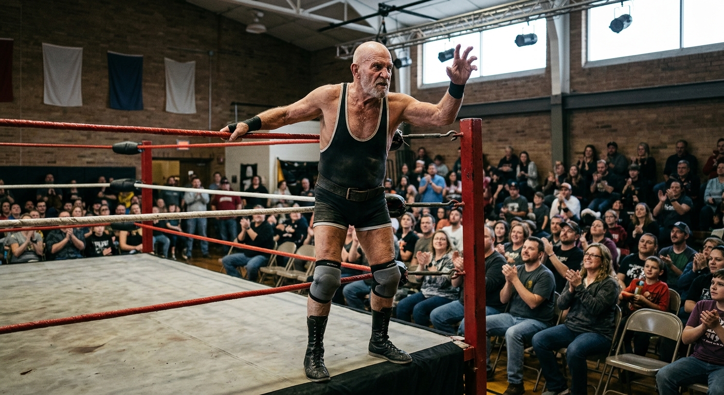 an elderly male professional wrestler with a bald head, wearing vintage dark wrestling gear, standing just outside the ropes of a wrestling ring in a modest sma