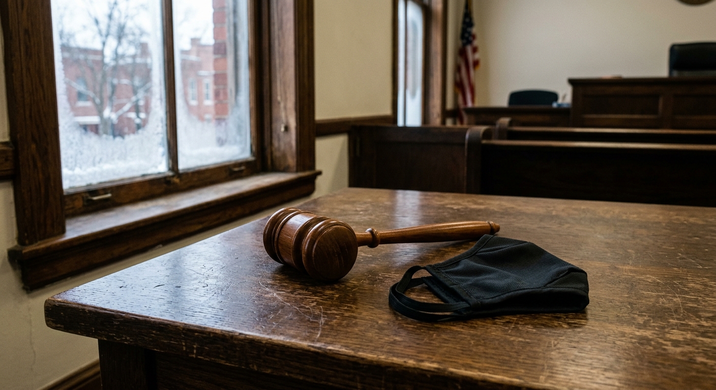 a wooden gavel resting next to a folded black tactical face covering on a heavy oak desk inside a municipal courtroom, with frost visible on the window panes, n