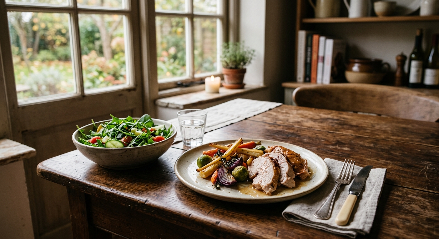 a wooden dining table featuring a modest portion of roasted turkey and autumn root vegetables on a ceramic plate, placed next to a fresh green salad, set in a c
