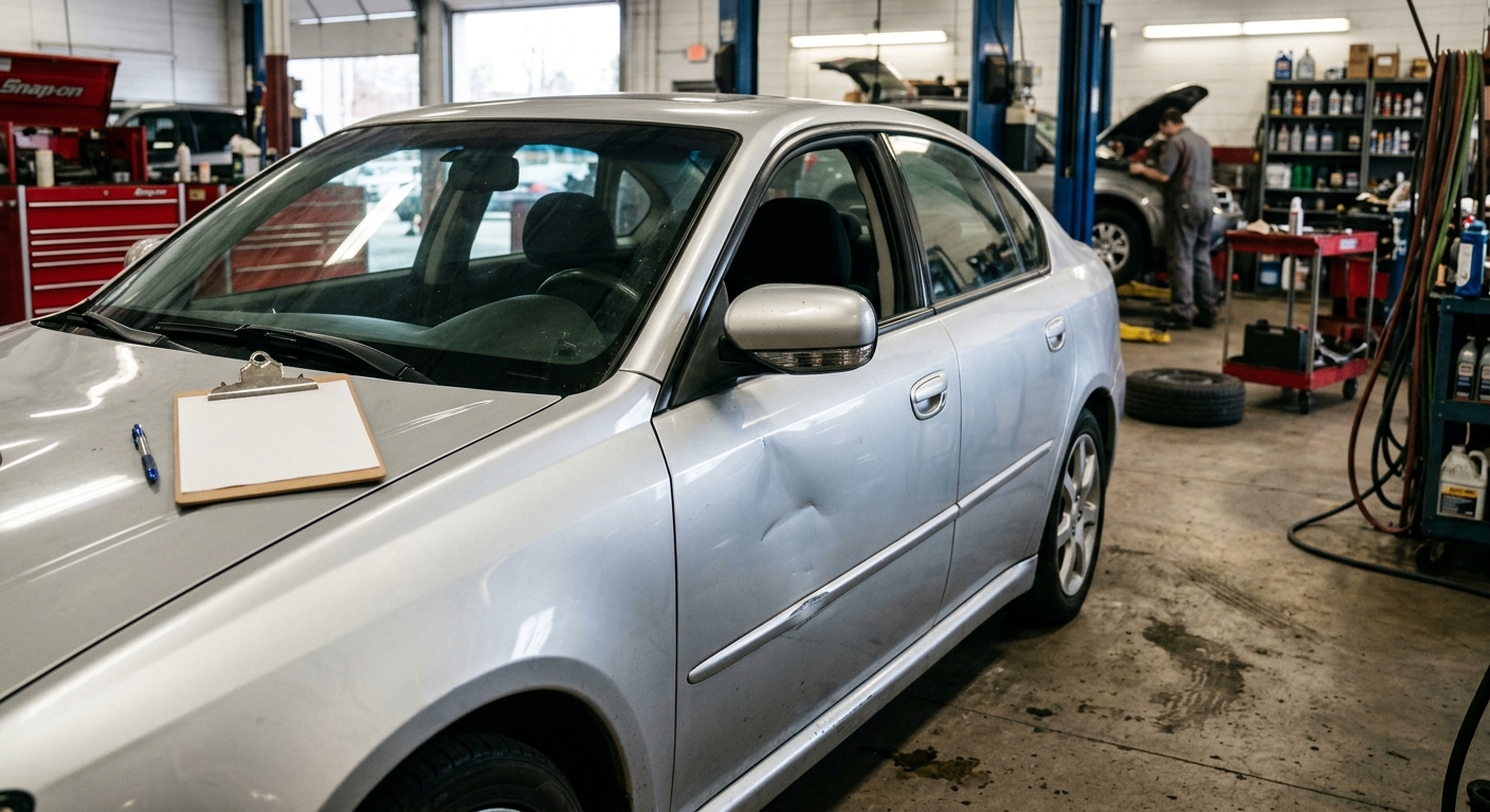 a minor dent on the side door panel of an everyday silver sedan parked inside a practical auto repair garage, a blank clipboard resting on the hood, typical too