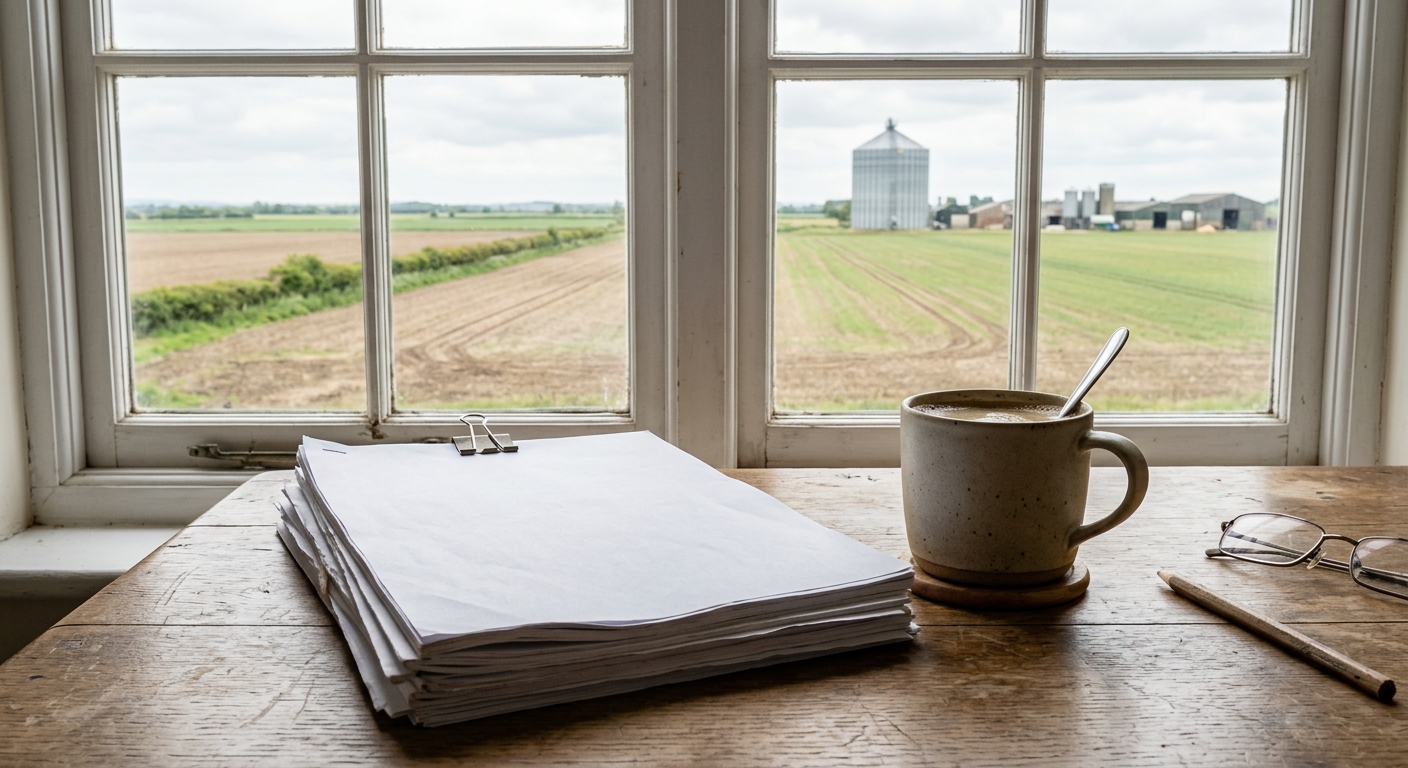 a stack of printed reports and a cup of coffee on a wooden desk near a window overlooking a flat agricultural field and a distant grain silo, natural everyday l