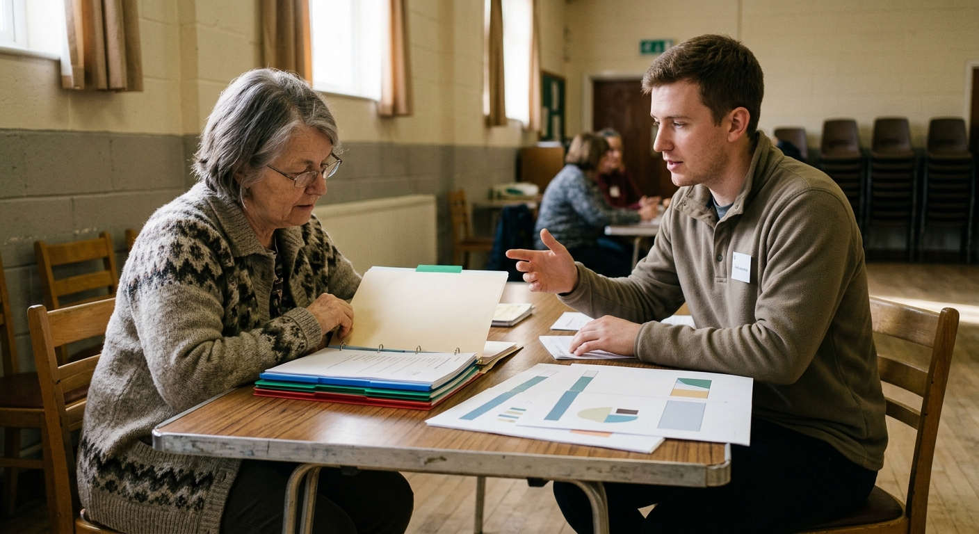 an older adult sitting at a folding table across from a community volunteer in a modest Midwestern local hall, reviewing generic color-coded folders and blank c
