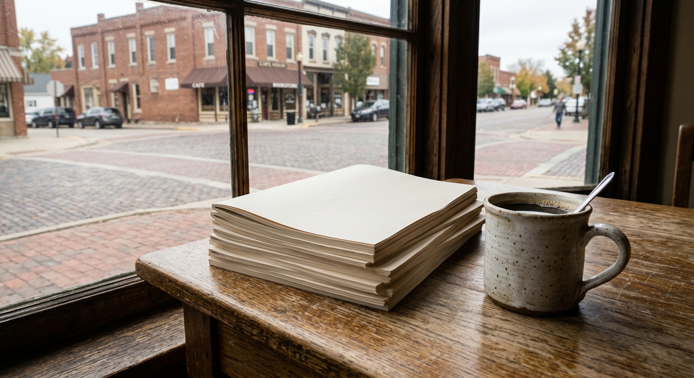 a stack of printed reports and a ceramic mug of coffee resting on a wooden table beside a window overlooking a quiet brick-paved Main street with classic Midwes