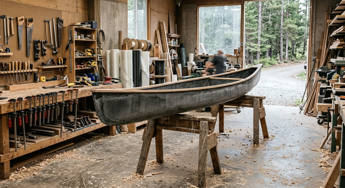 a sleek, unfinished canoe resting on wooden sawhorses inside a dusty manufacturing workshop, surrounded by rolls of composite materials, clamps, and woodworking