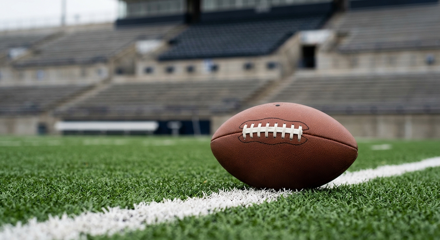 a plain, unbranded American football resting on green artificial turf just inches from a thick white goal line, with out-of-focus empty stadium bleachers in the