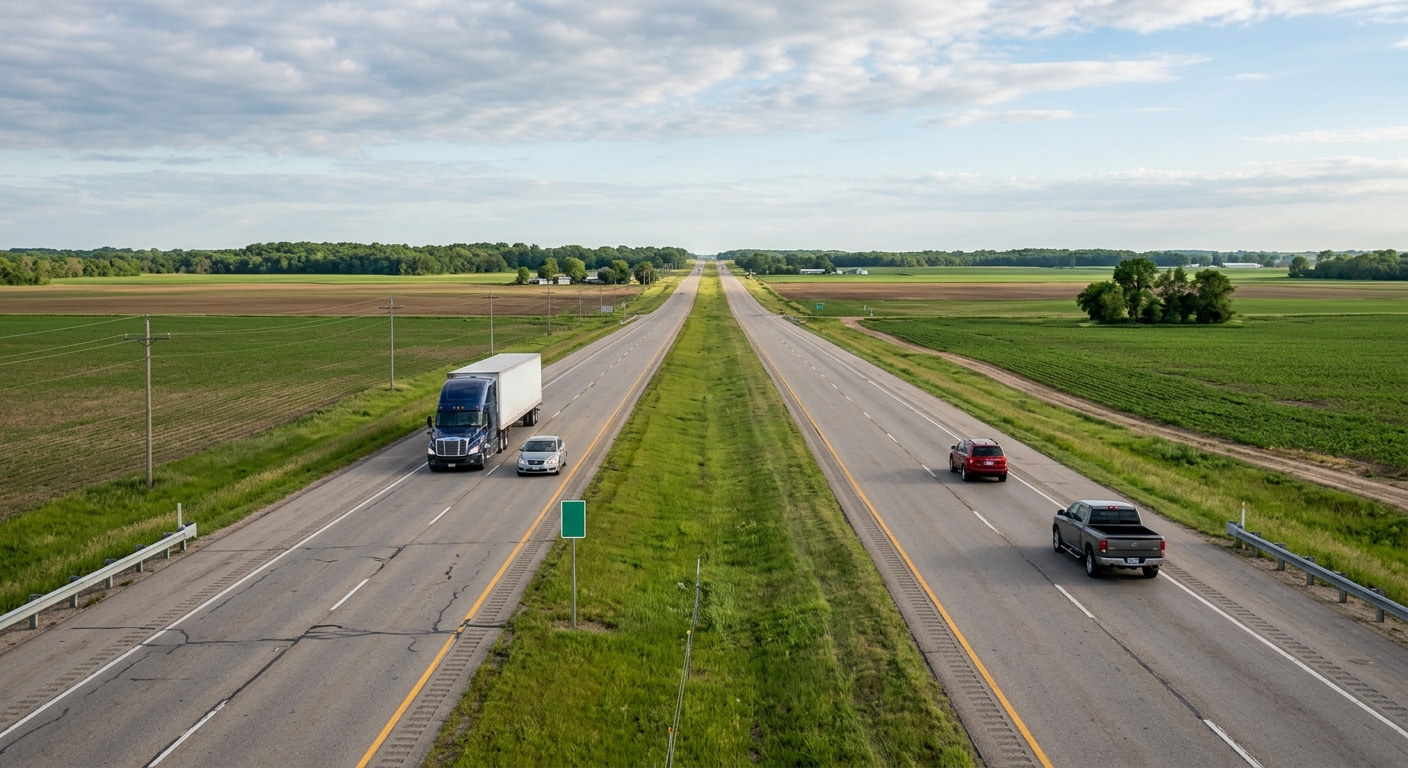 a long stretch of a rural interstate highway surrounded by flat agricultural fields and distant trees, with a few passenger cars and a semi-truck driving along