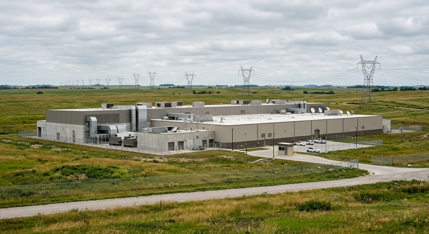 a large, modern, flat-roofed industrial data center facility situated in a grassy field with tall utility power lines in the background, typical of a Midwestern