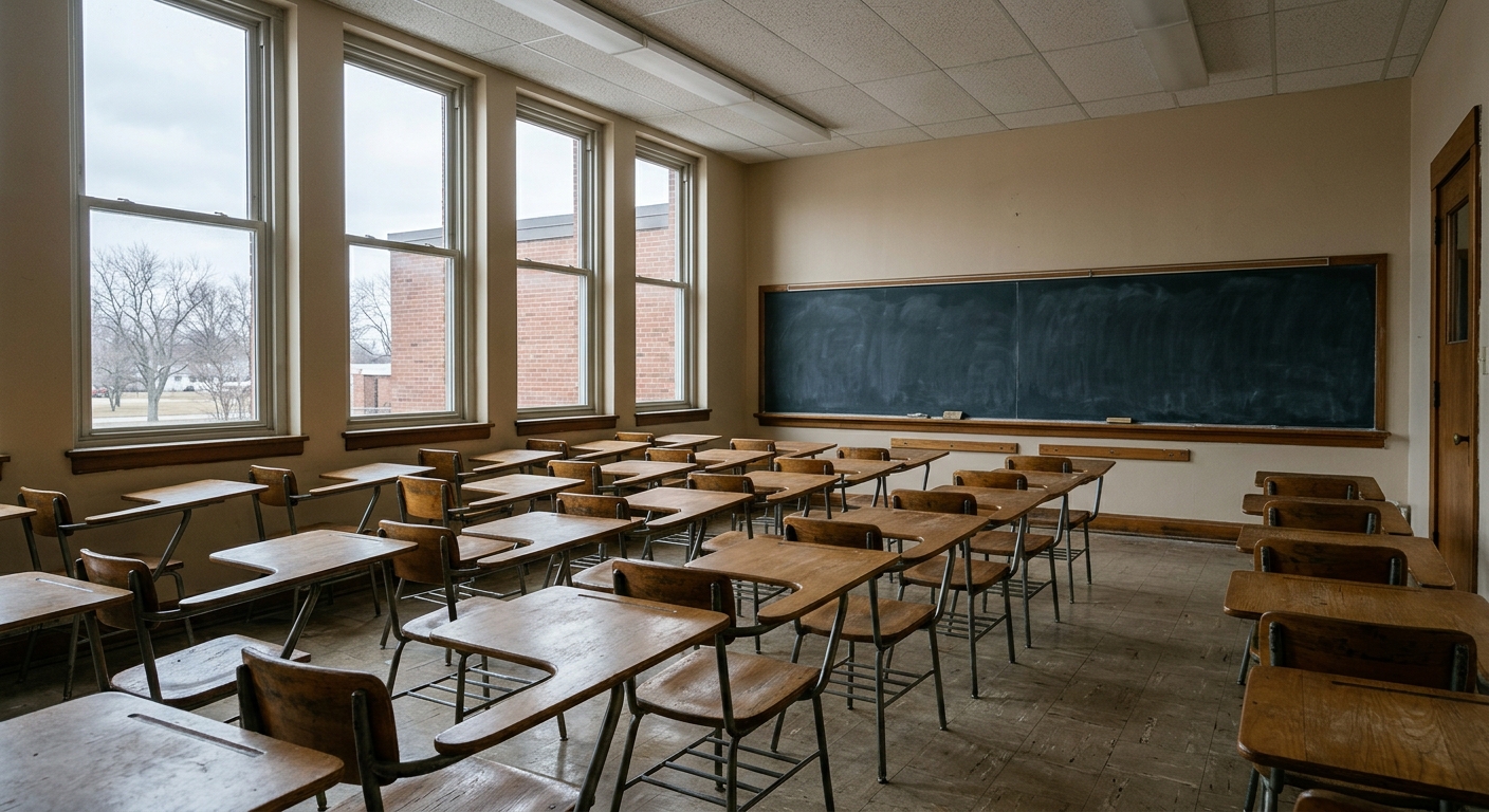 an empty public school classroom with rows of unoccupied wooden desks, a large blank chalkboard, and tall windows showing an overcast midwestern day outside, na
