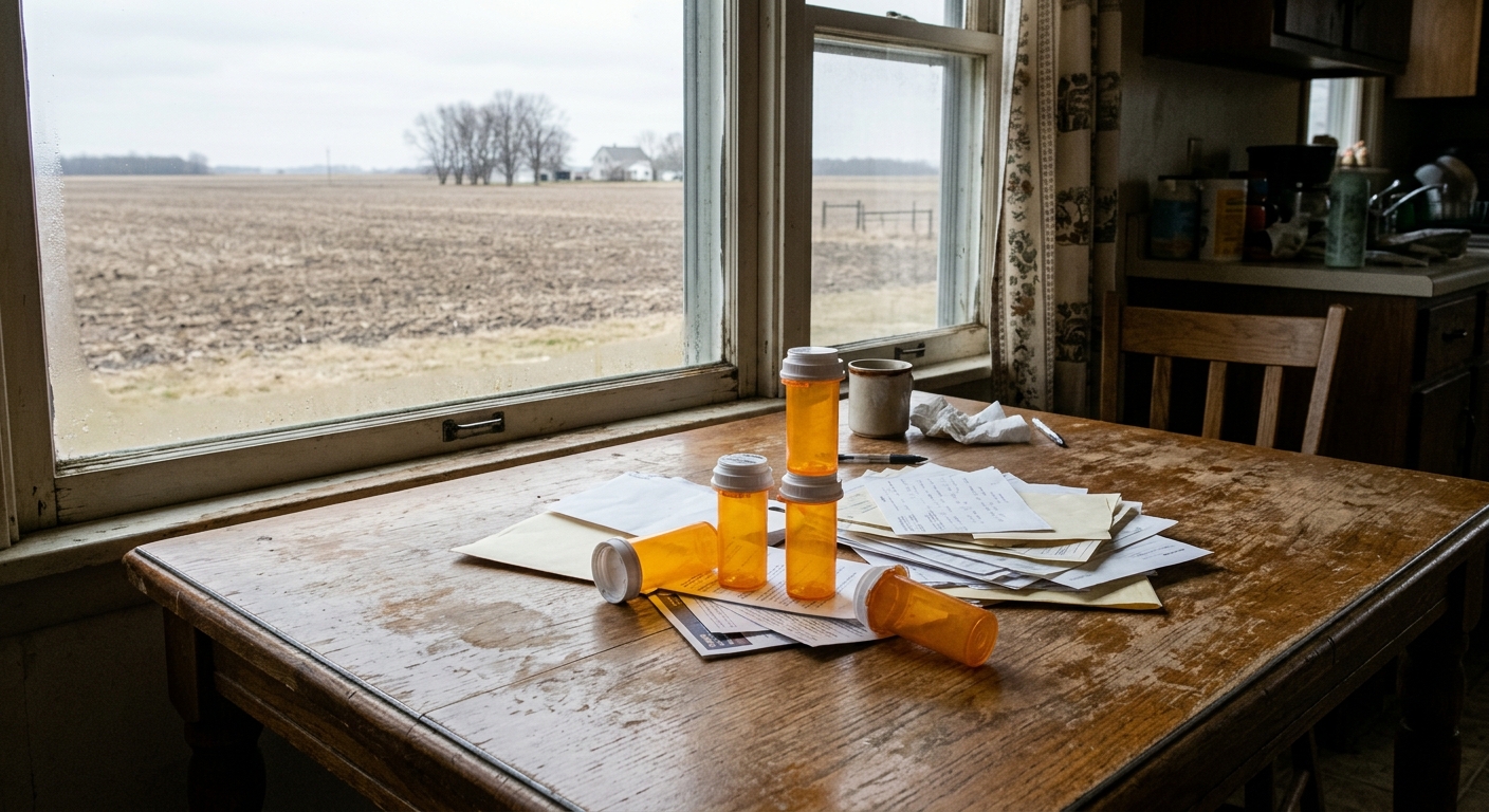 several empty orange prescription pill bottles and a disorganized stack of plain paperwork on a worn wooden kitchen table inside a modest rural home, looking ou