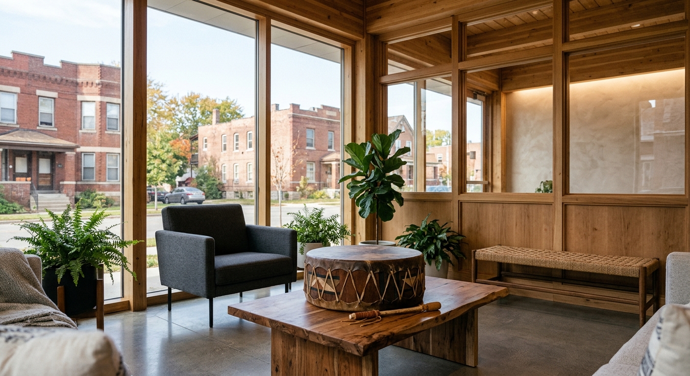a modern community health clinic interior with large windows and natural wood architectural accents, featuring a traditional Indigenous drum sitting on a low ta