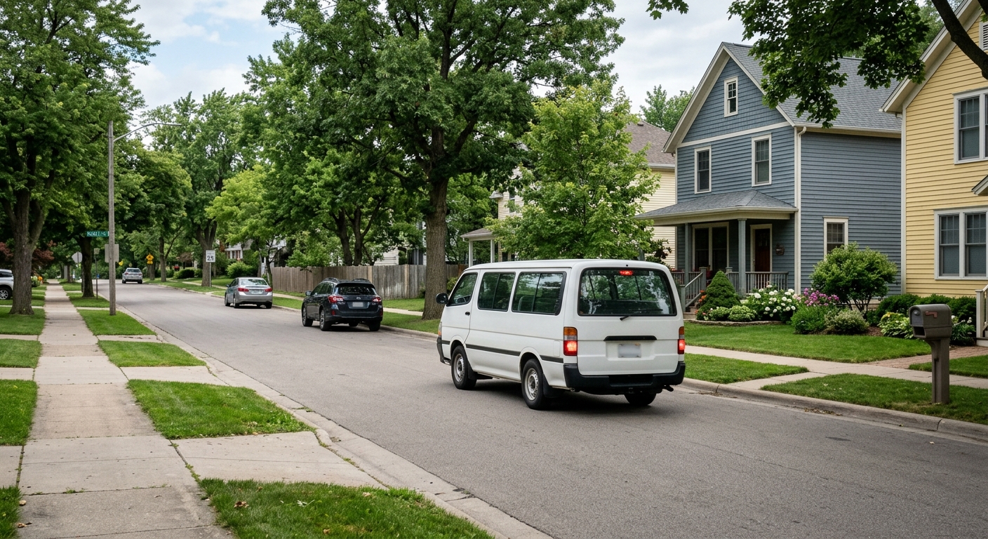 an unmarked small passenger minibus pulling up to a sidewalk in a quiet Midwestern suburban neighborhood with wood-sided homes, natural everyday lighting, shot