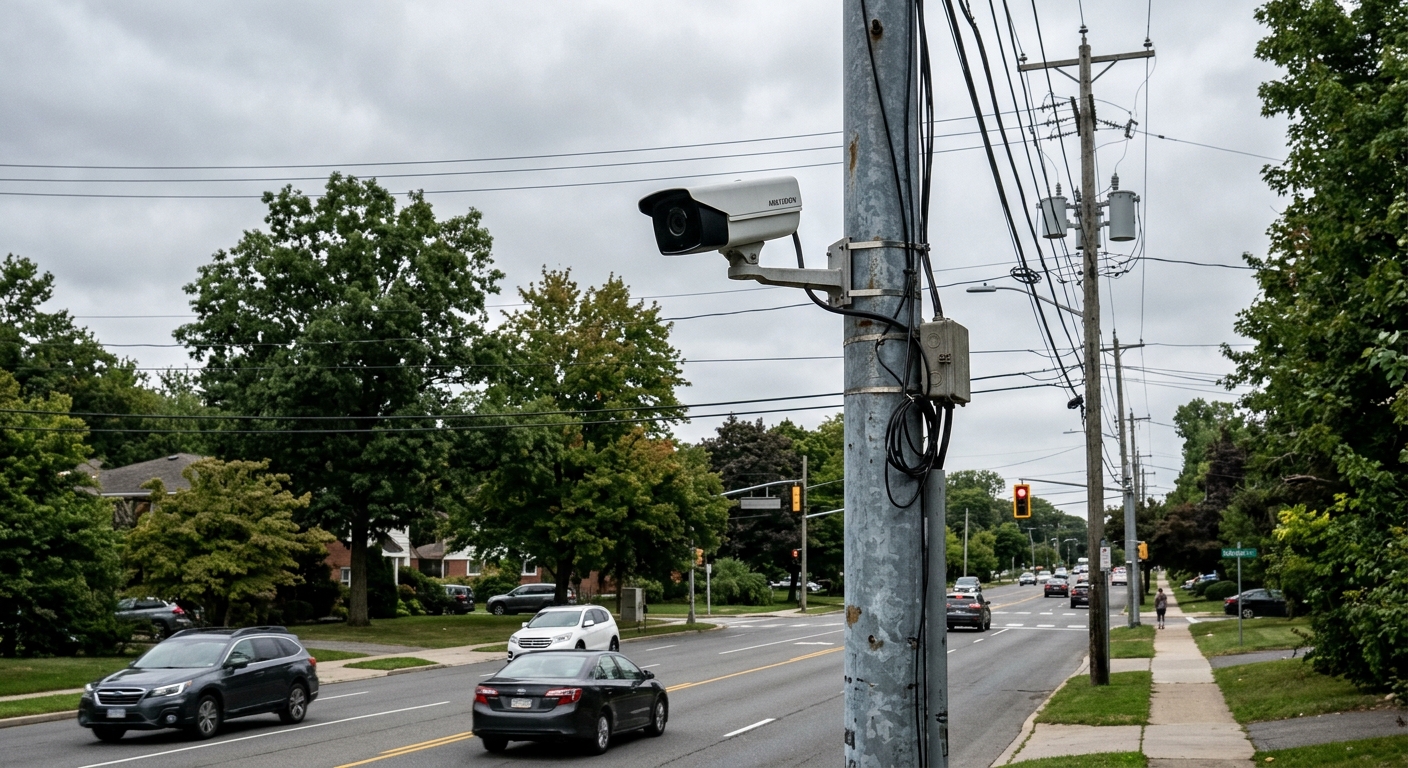 a rectangular surveillance camera mounted high on a metal utility pole beside a typical suburban road, surrounded by mature trees, power lines, and a distant tr