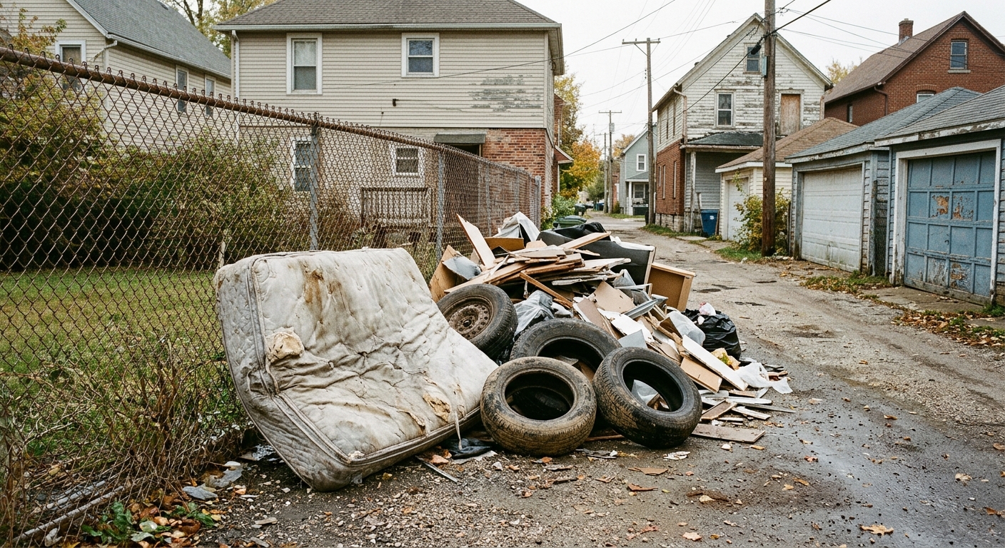 an old discarded mattress, worn car tires, and scattered construction debris piled carelessly against a chain-link fence in a residential Midwestern alleyway, f